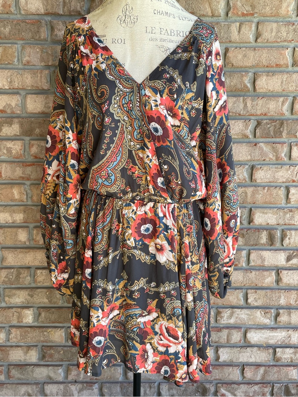 Free People High Plains Floral Paisley V-Neck Long Sleeve Dress - Black/Multi
